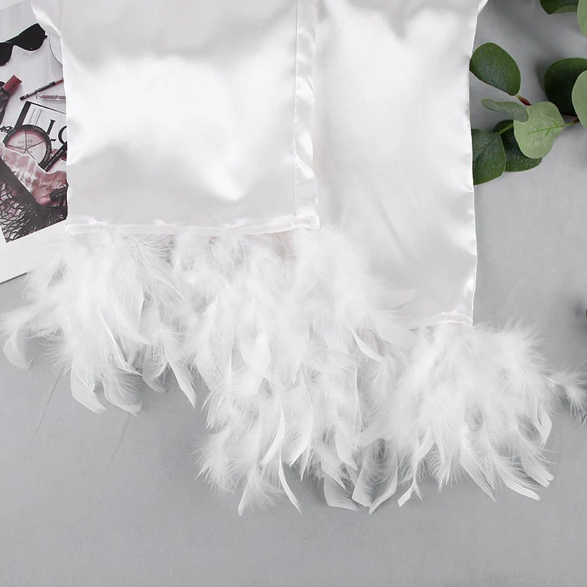 The Feather Luxe | Ostrich Feather Trim Ice Silk Pajama Set - Image 19
