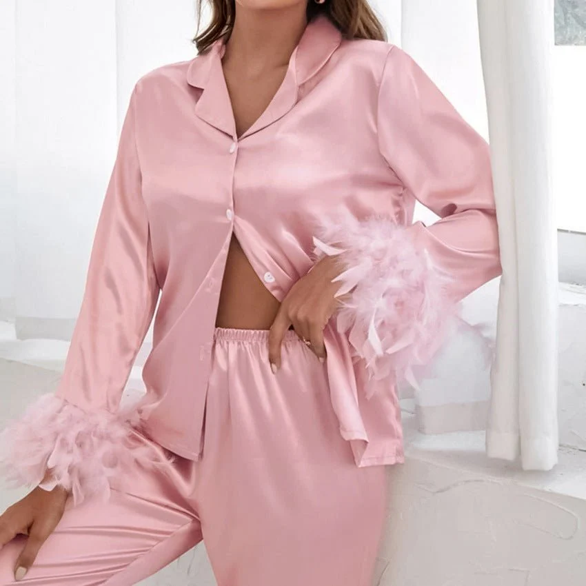 The Feather Luxe | Ostrich Feather Trim Ice Silk Pajama Set - Image 2
