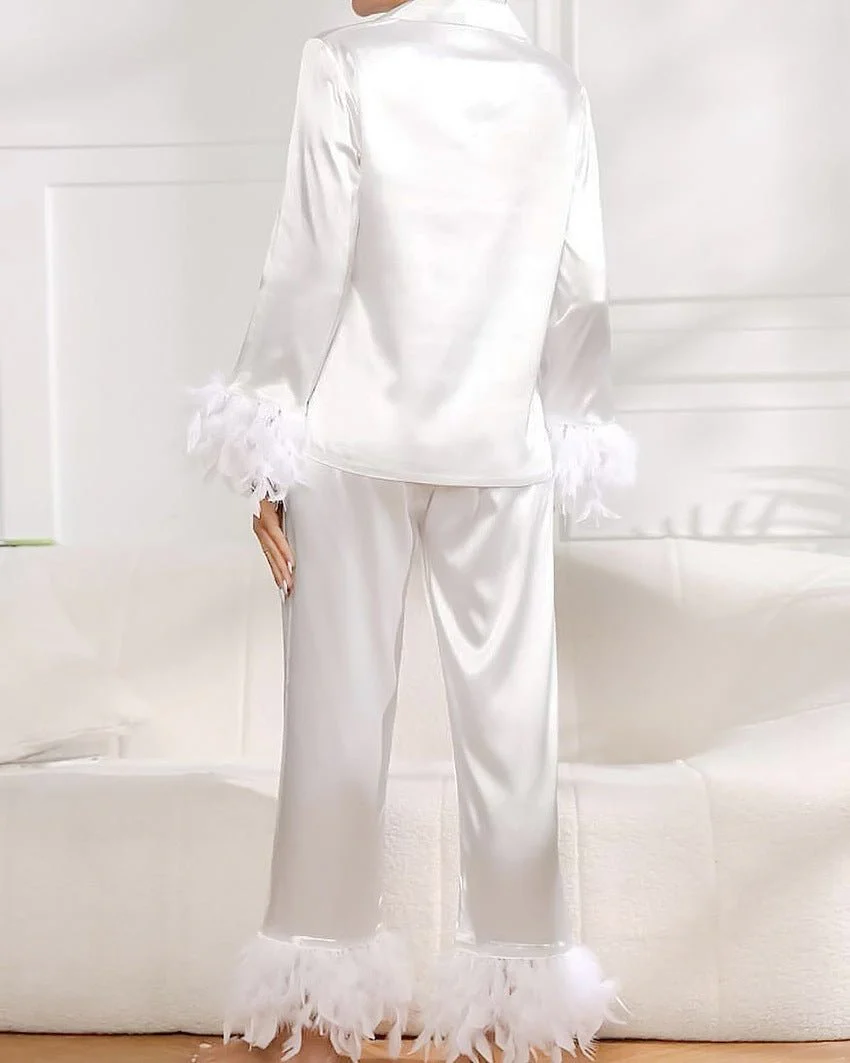 The Feather Luxe | Ostrich Feather Trim Ice Silk Pajama Set - Image 22