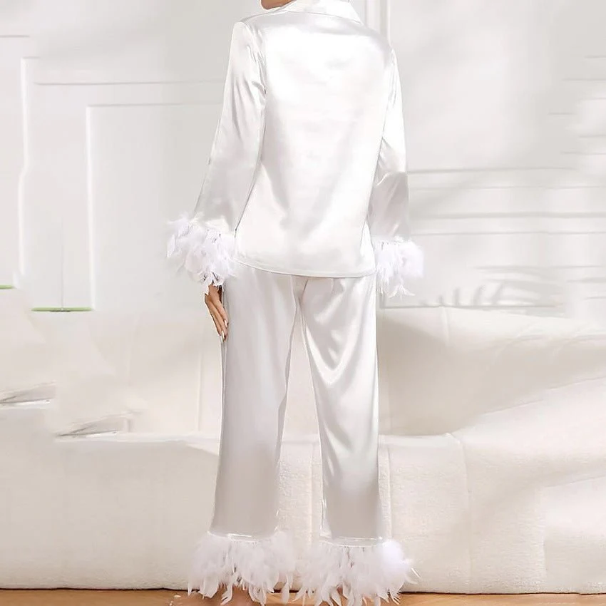 The Feather Luxe | Ostrich Feather Trim Ice Silk Pajama Set - Image 3