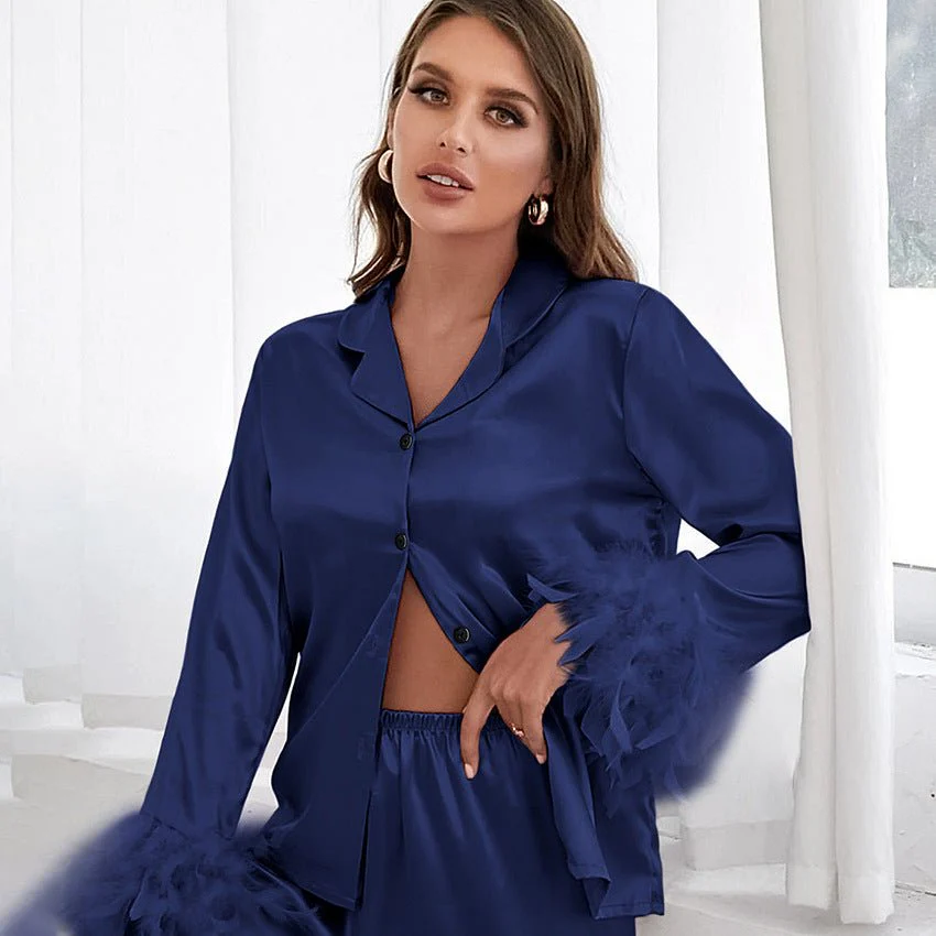 The Feather Luxe | Ostrich Feather Trim Ice Silk Pajama Set - Image 31