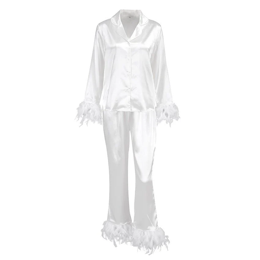 The Feather Luxe | Ostrich Feather Trim Ice Silk Pajama Set - Image 4