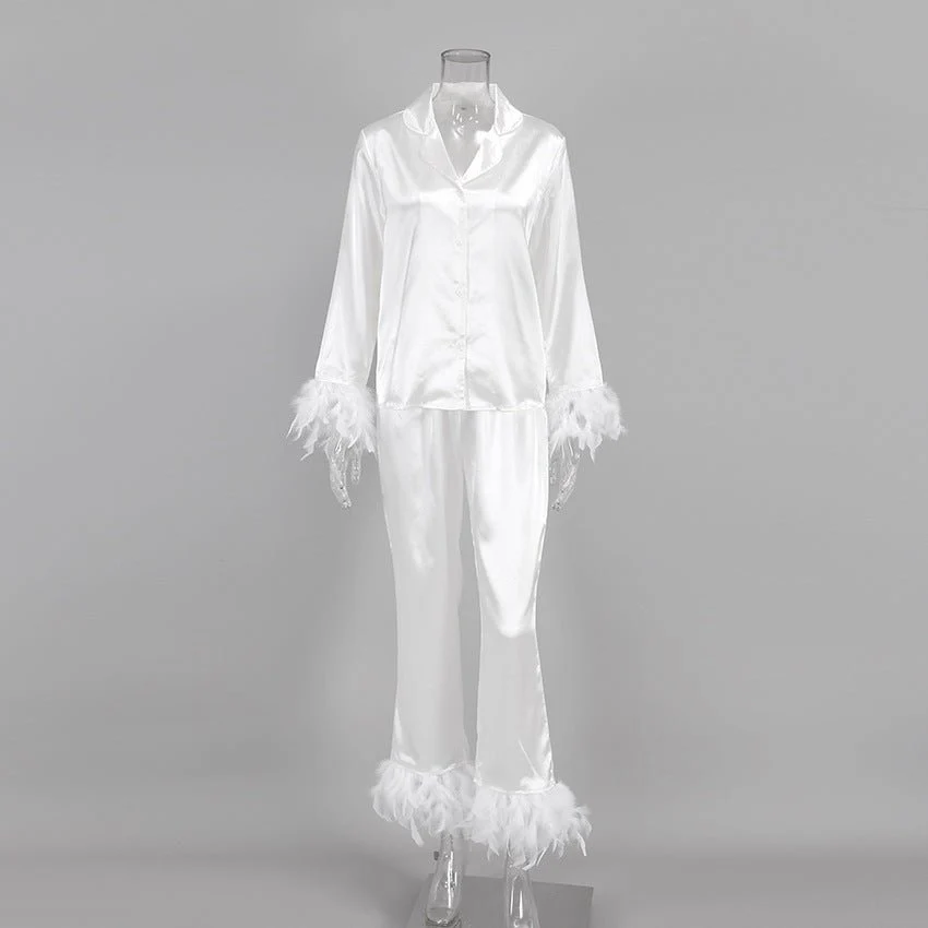 The Feather Luxe | Ostrich Feather Trim Ice Silk Pajama Set - Image 9