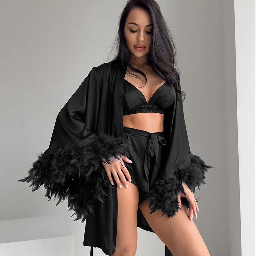 The Feather Luxe | Satin Feather Trim Three-Piece Nightgown Set - Image 2