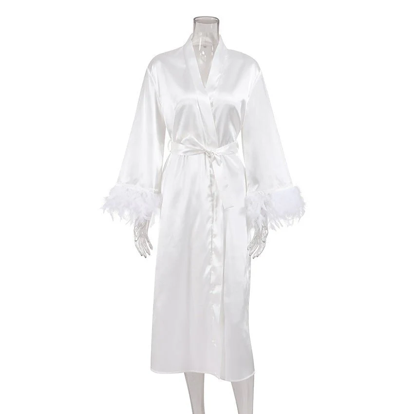 The Feather Satin | Solid Color V-Neck Long Cardigan Robe - Image 5
