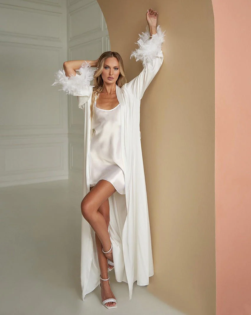 The Feather Whisper | Solid Color Ice Silk Satin Nightdress Set - Image 23