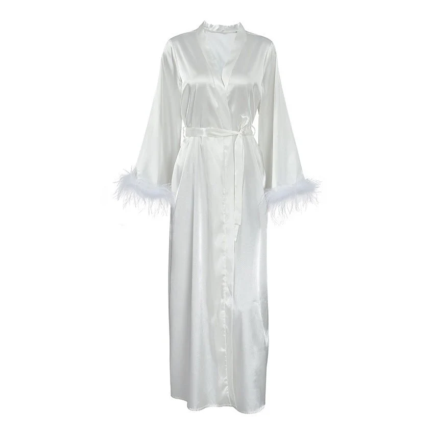 The Feather Whisper | Women's Long-Sleeve Faux Silk Feather Trim Robe - Image 5