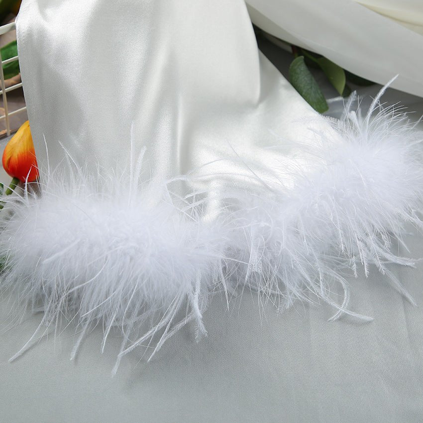 The Feather Whisper | Women's Long-Sleeve Faux Silk Feather Trim Robe - Image 9