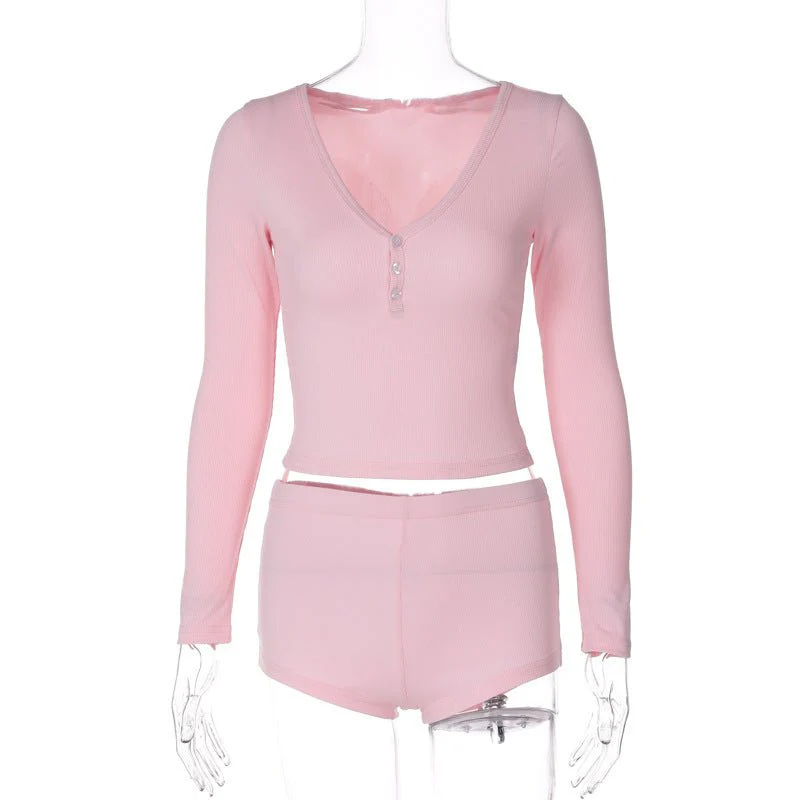 The Fierce Edge | Solid Color Low-Cut V-Neck Bell-Sleeve Top & Shorts Set FD - Image 2