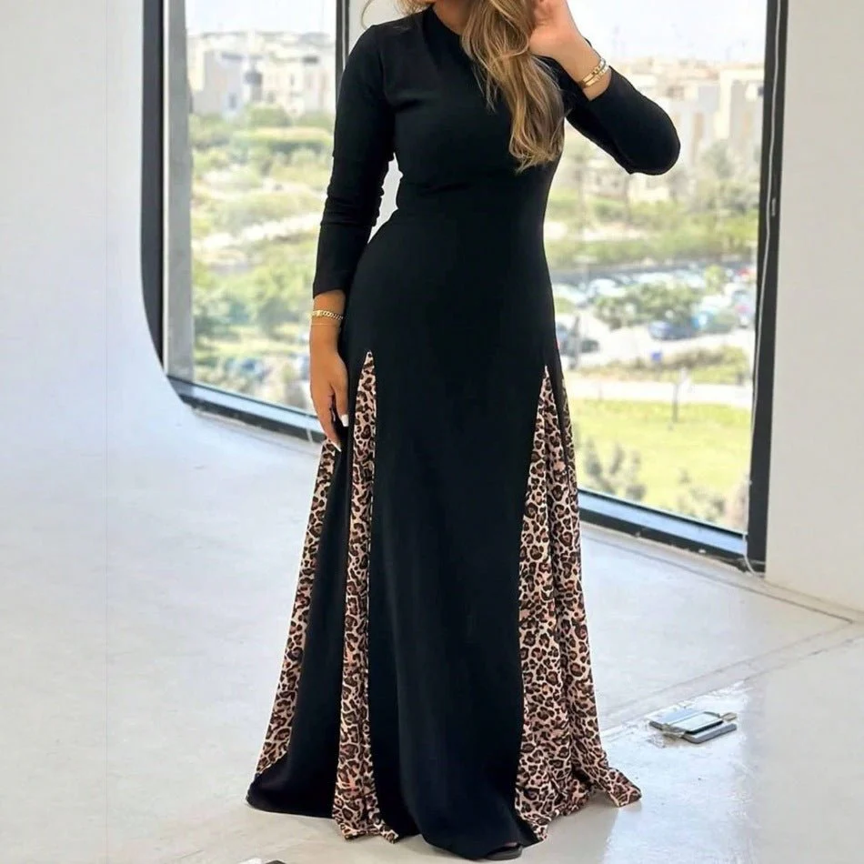 The Fierce Elegance | Leopard Print Splicing High-Waist A-Line Long Dress FD - Image 4