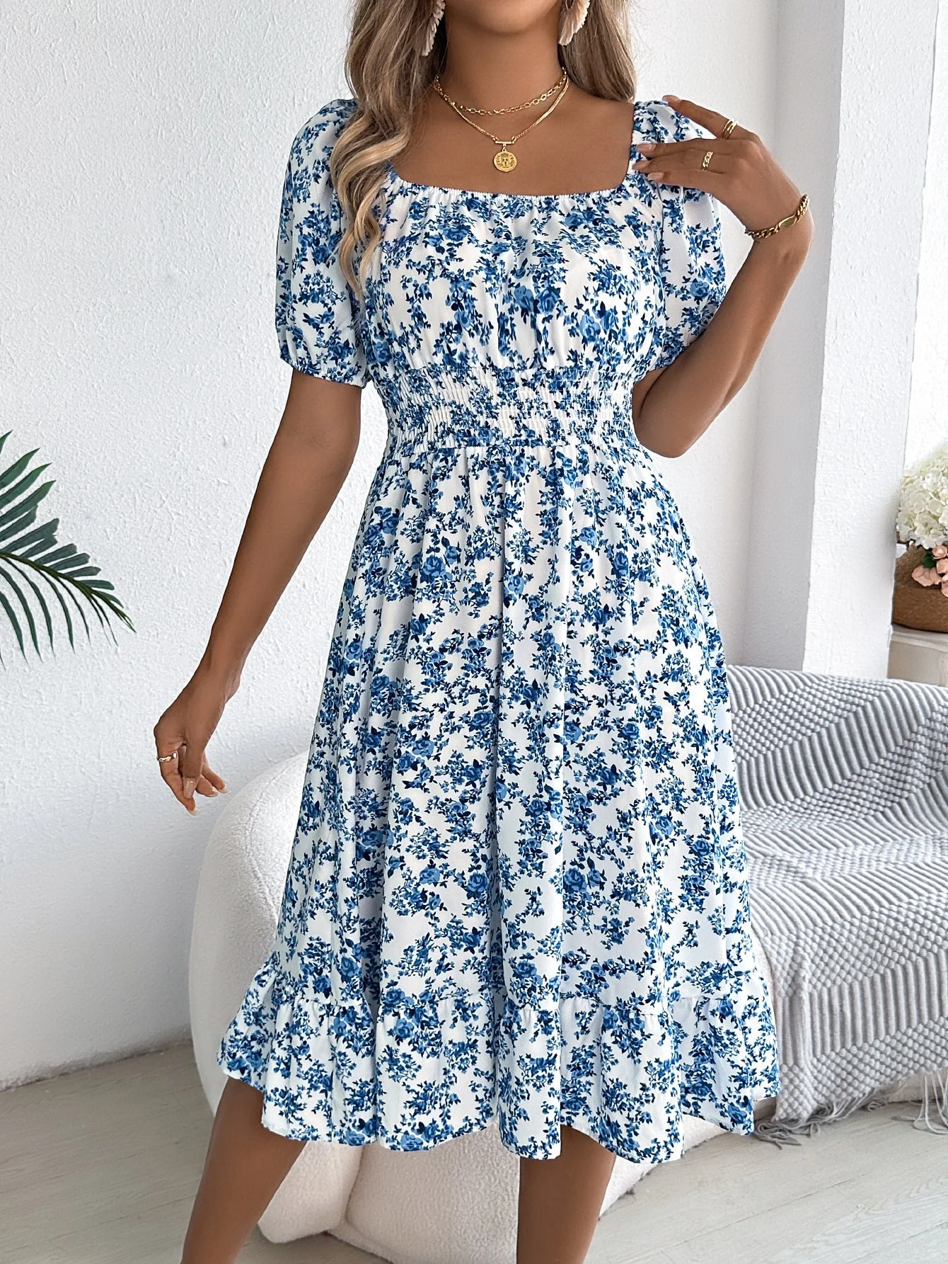 The Floral Charm | Floral Square Collar Ruffled A-Line Midi Dress - Image 35