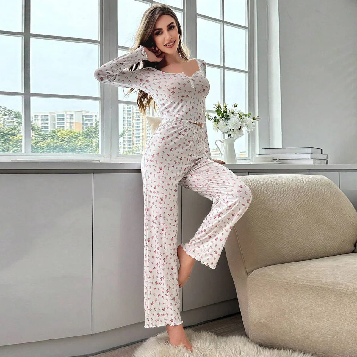The Floral Cozy | V-Neck Long-Sleeve Floral Pajama Set - Image 8