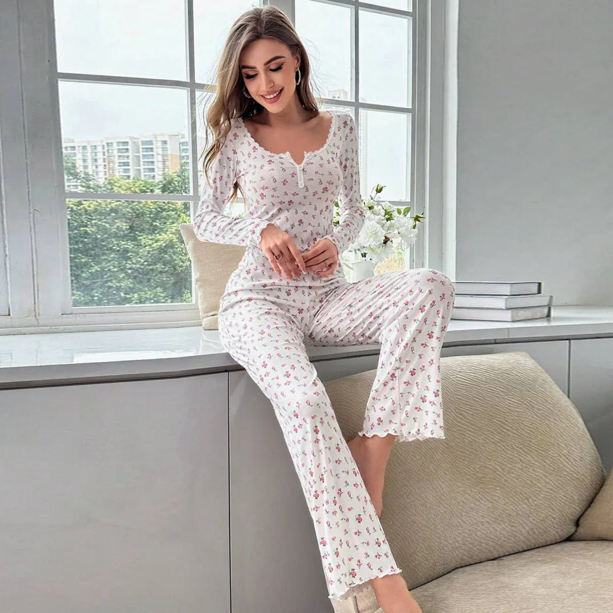 The Floral Cozy | V-Neck Long-Sleeve Floral Pajama Set - Image 9