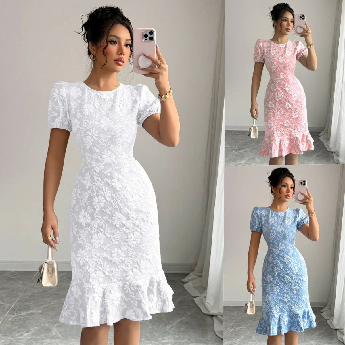 The Floral Embrace | Women's Printed Bubble Sleeve Hip-Fit Midi Dress