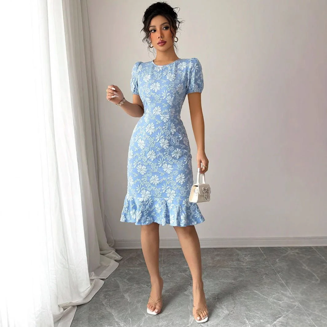 The Floral Embrace | Women's Printed Bubble Sleeve Hip-Fit Midi Dress - Image 3