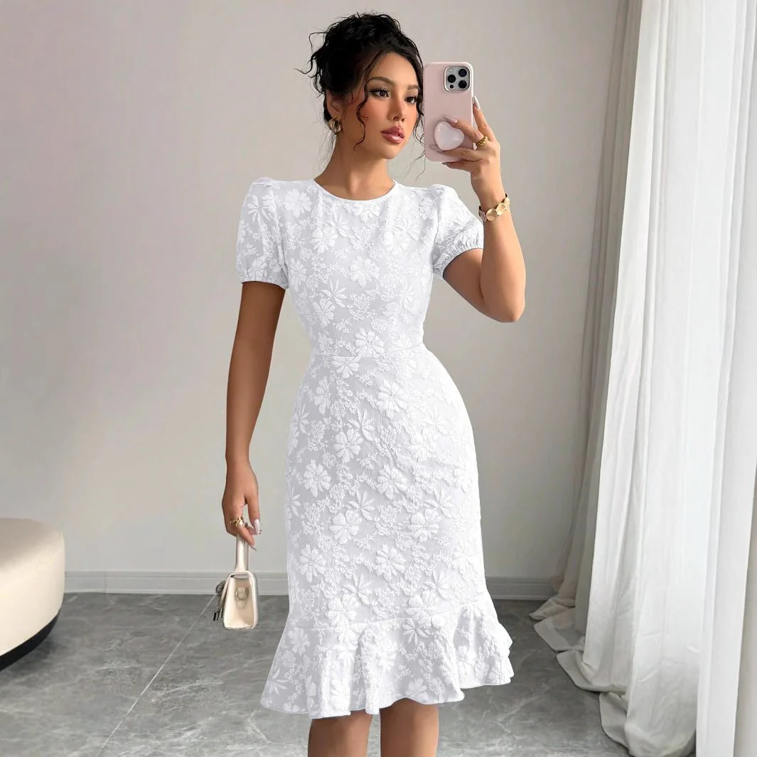 The Floral Embrace | Women's Printed Bubble Sleeve Hip-Fit Midi Dress - Image 6
