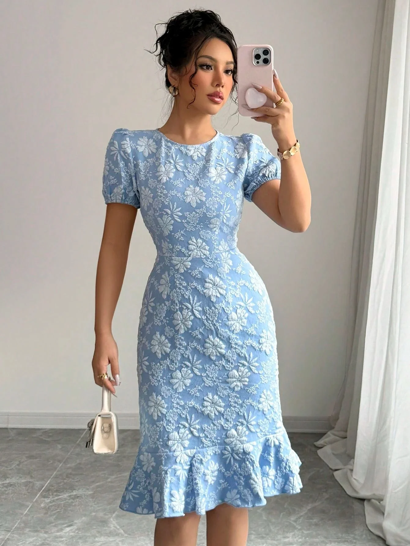 The Floral Embrace | Women's Printed Bubble Sleeve Hip-Fit Midi Dress - Image 7