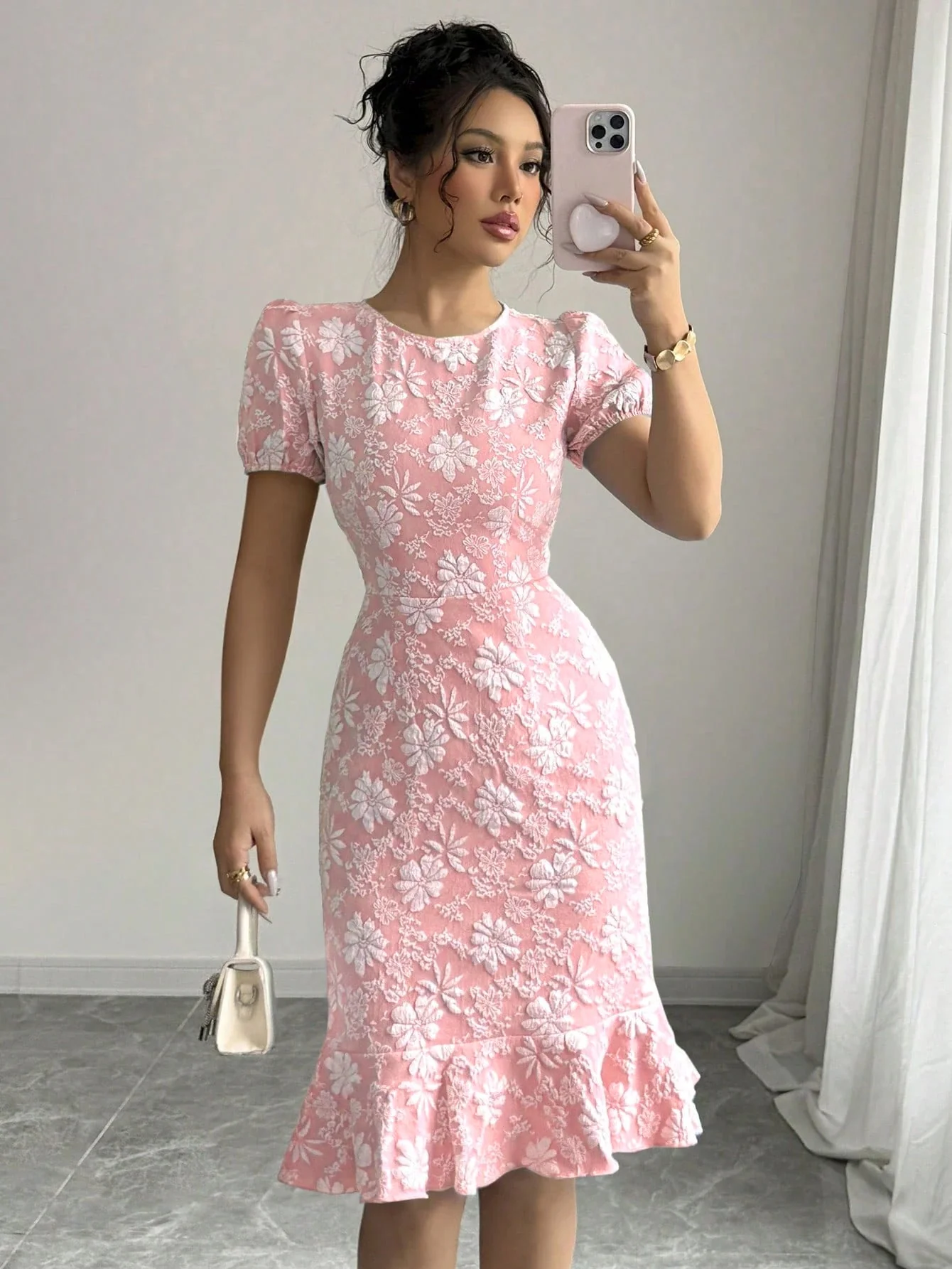 The Floral Embrace | Women's Printed Bubble Sleeve Hip-Fit Midi Dress - Image 8
