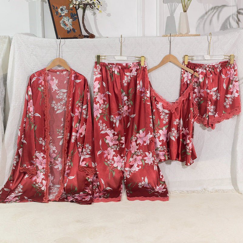 The Floral Fantasy | Women's Plus-Size Ice Silk Printed Long Sexy Loungewear Set