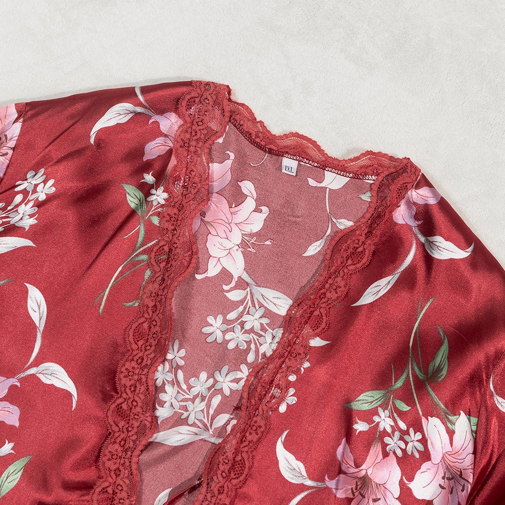 The Floral Fantasy | Women's Plus-Size Ice Silk Printed Long Sexy Loungewear Set - Image 3