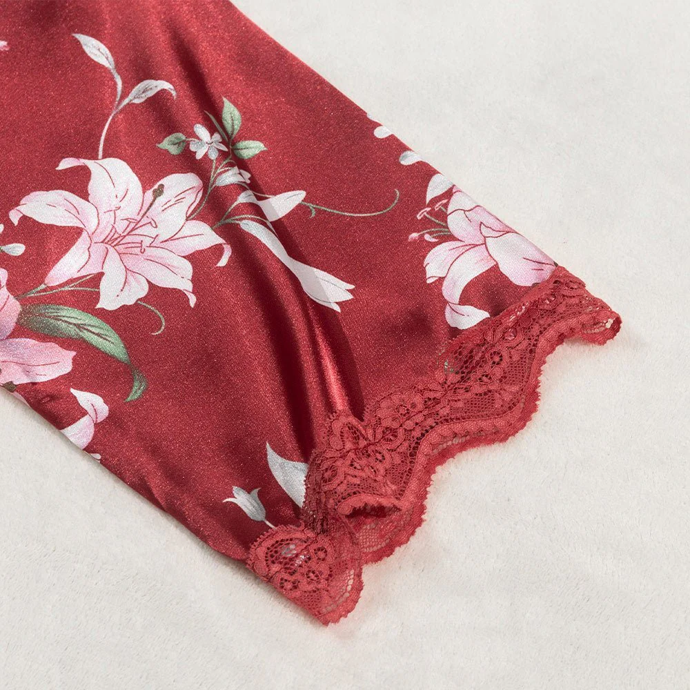 The Floral Fantasy | Women's Plus-Size Ice Silk Printed Long Sexy Loungewear Set - Image 4