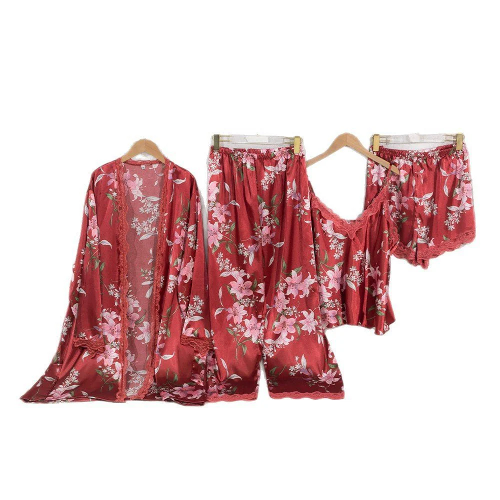 The Floral Fantasy | Women's Plus-Size Ice Silk Printed Long Sexy Loungewear Set - Image 5