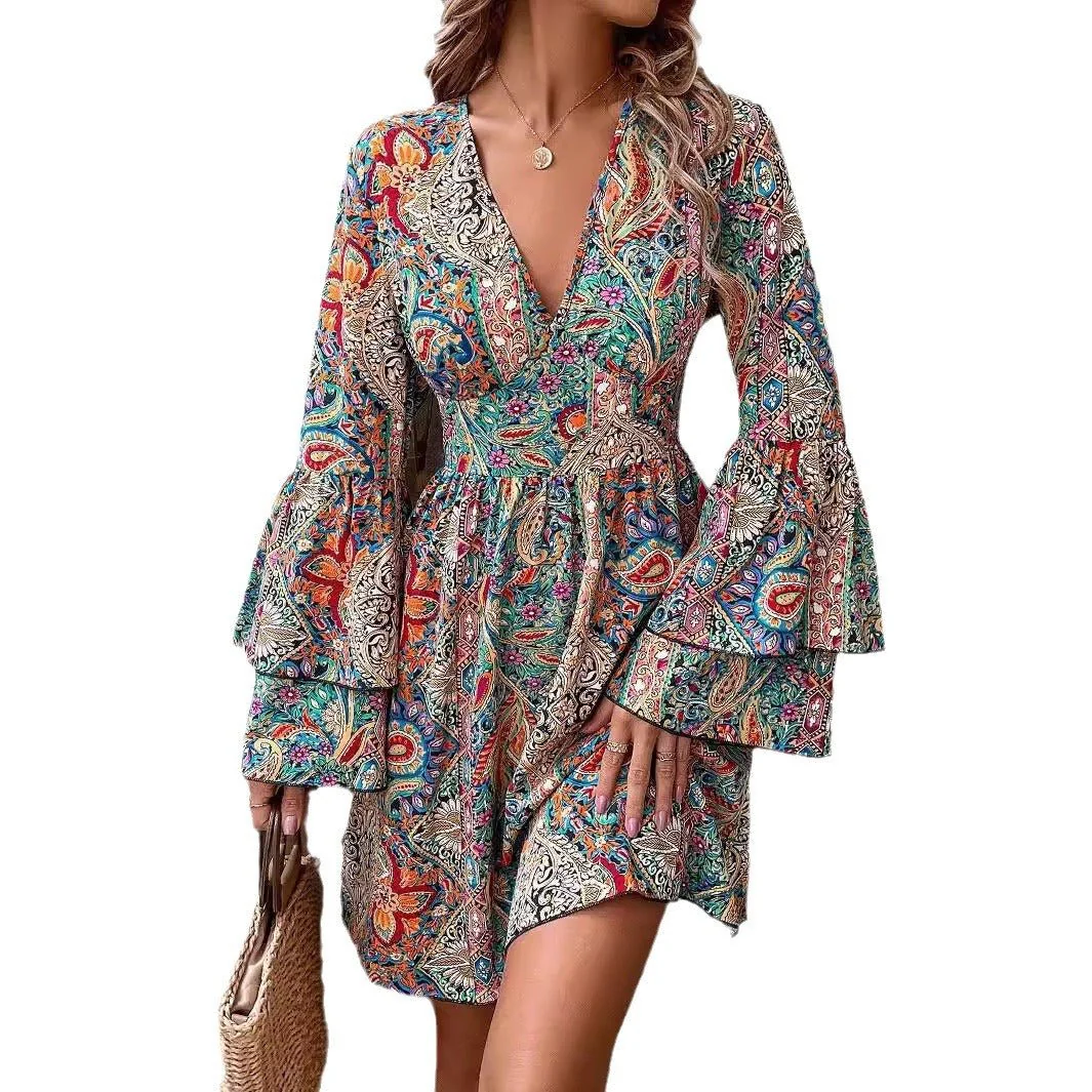The Floral Flare | Women's Printed V-Neck Horn Sleeve Midi Dress - Image 5