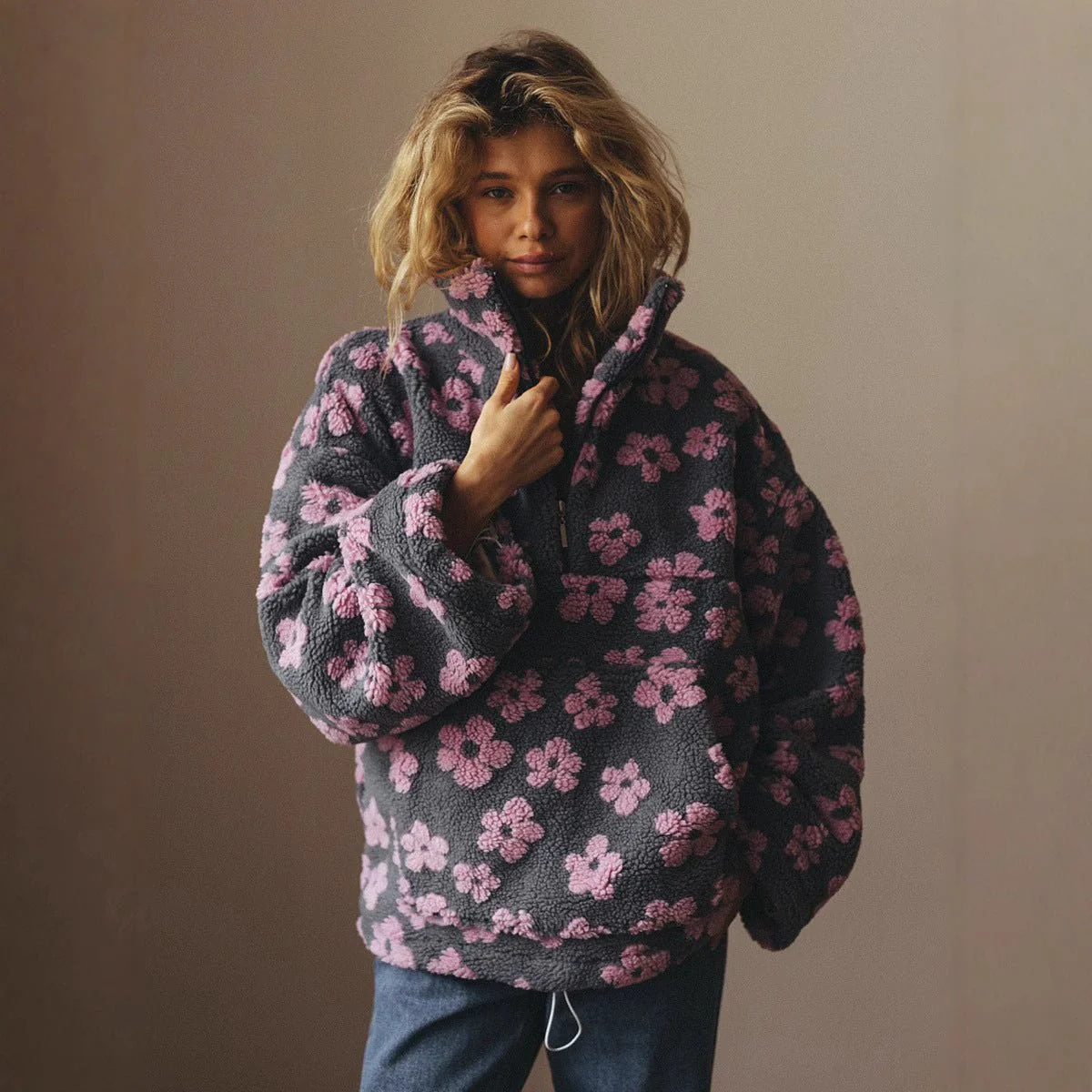 The Floral Fleece | Solid Color Floral High-Collar Pullover Sweater - Image 2