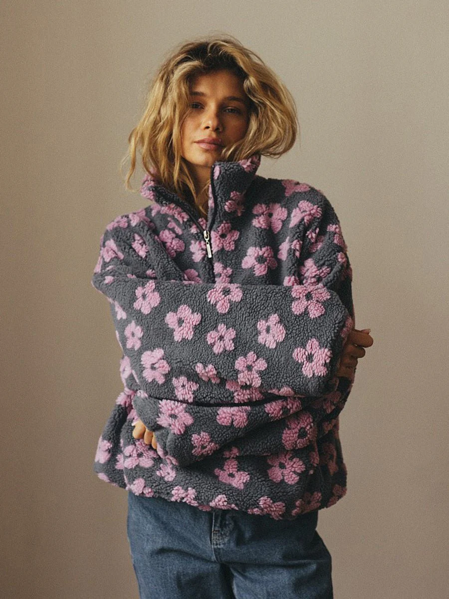 The Floral Fleece | Solid Color Floral High-Collar Pullover Sweater FD - Image 7