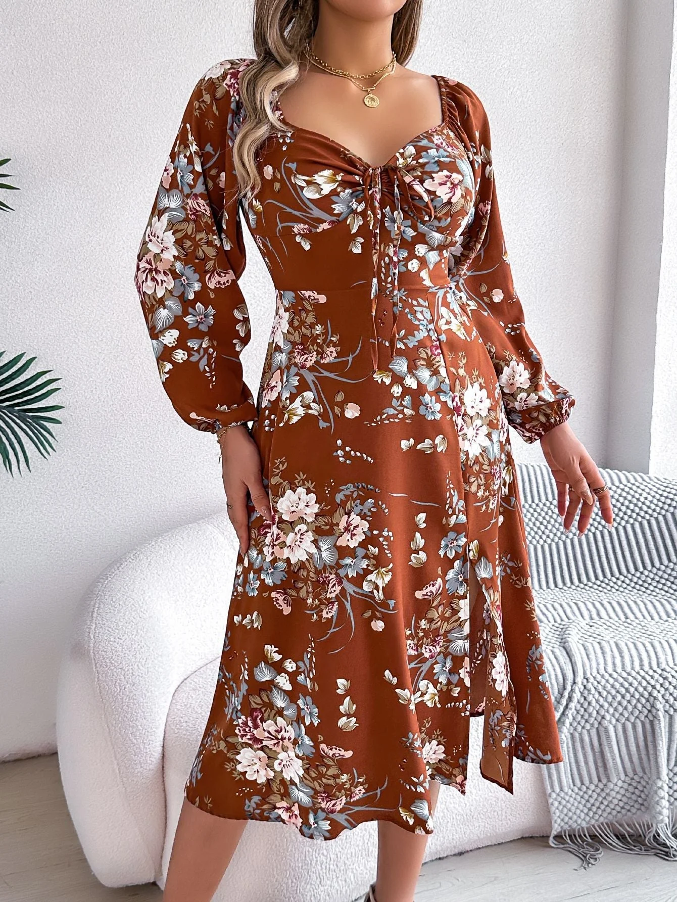 The Floral Knot | Tie-Knot Floral Long-Sleeve Split Midi Dress - Image 11