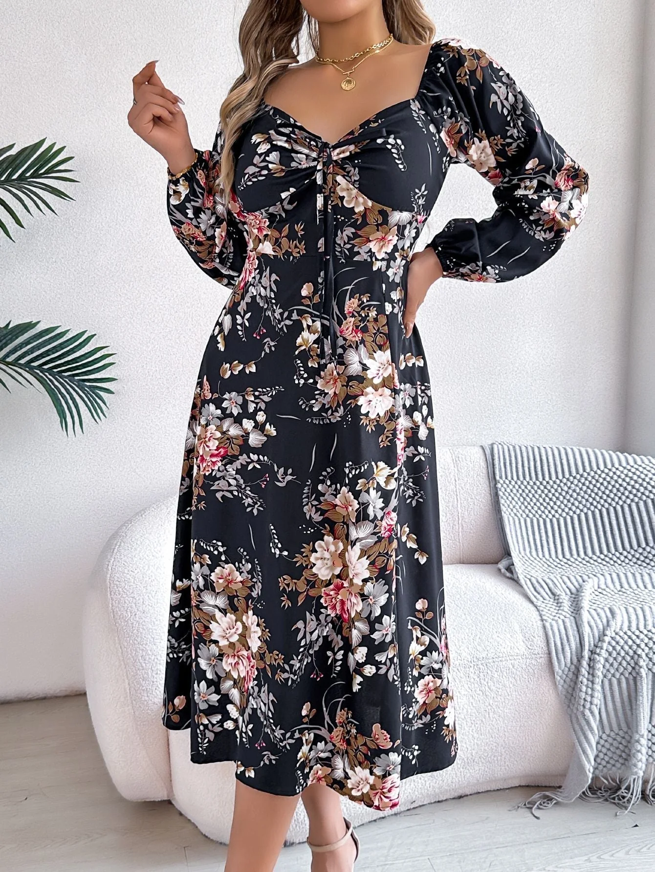 The Floral Knot | Tie-Knot Floral Long-Sleeve Split Midi Dress - Image 16