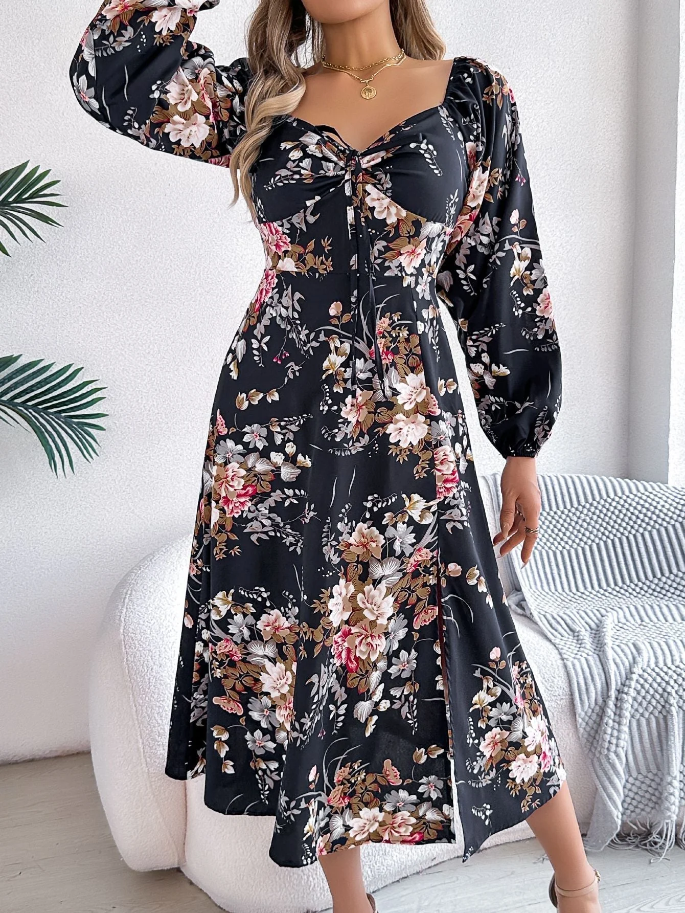 The Floral Knot | Tie-Knot Floral Long-Sleeve Split Midi Dress - Image 18