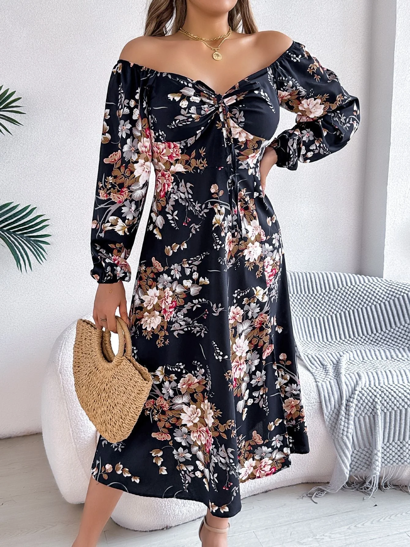 The Floral Knot | Tie-Knot Floral Long-Sleeve Split Midi Dress - Image 19