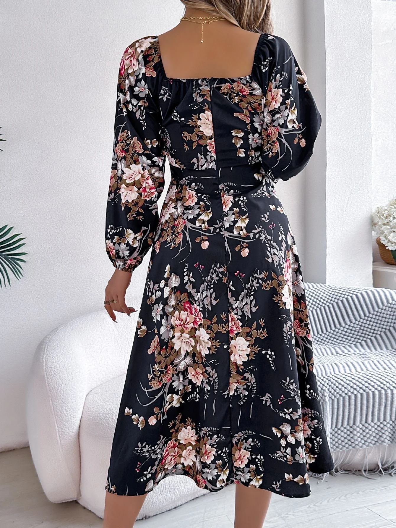 The Floral Knot | Tie-Knot Floral Long-Sleeve Split Midi Dress - Image 20