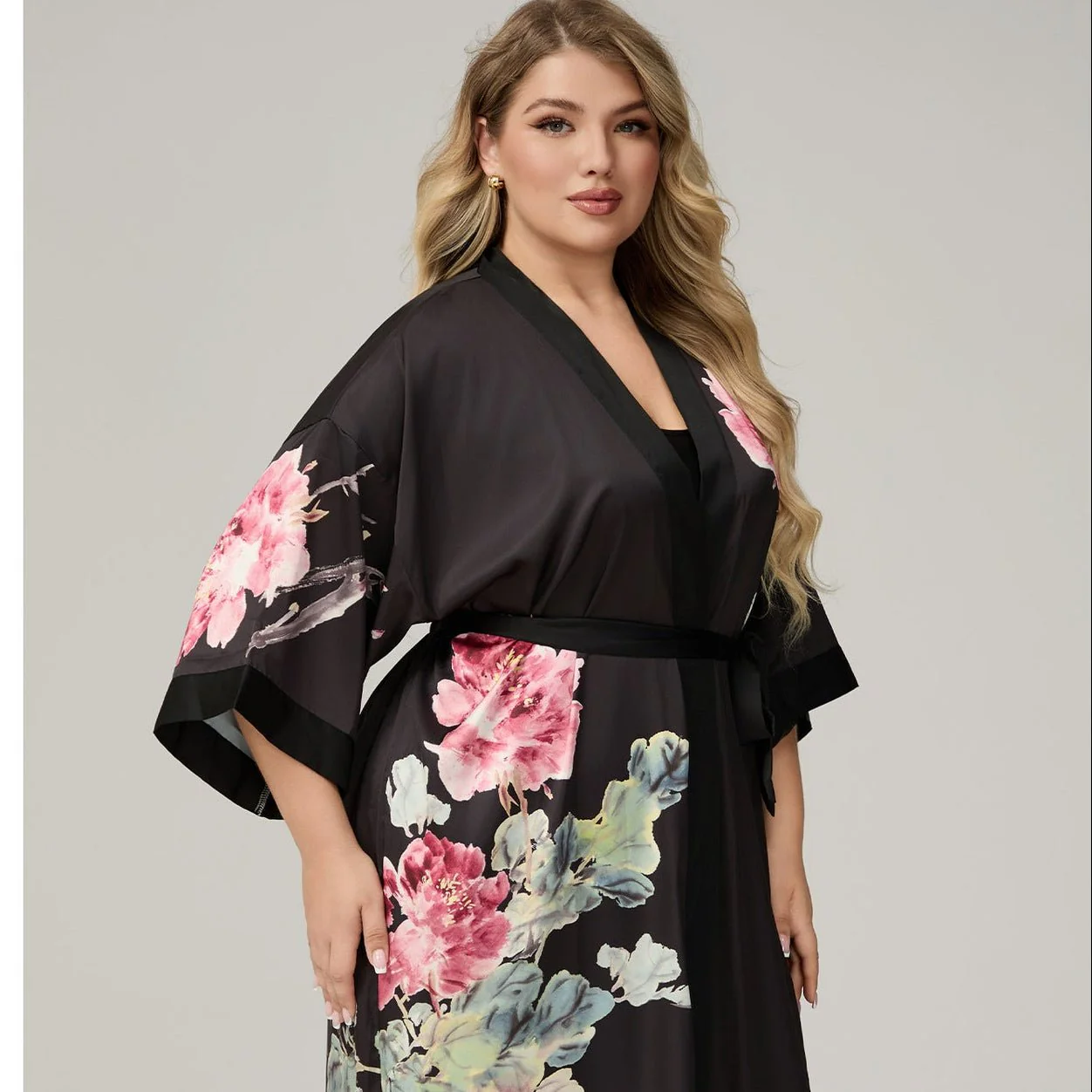 The Floral Luxe | Printed Satin Seven-Eighth Sleeve Robe &amp; Slip Dress Two-Piece Set - Image 2