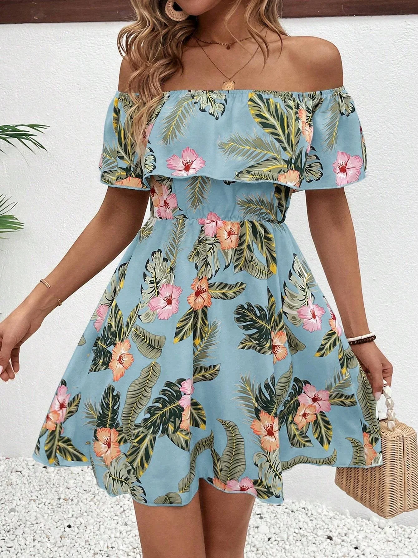 The Floral Off-Shoulder | Women's Printed Ruffle Sleeve A-Line Midi Dress - Image 6