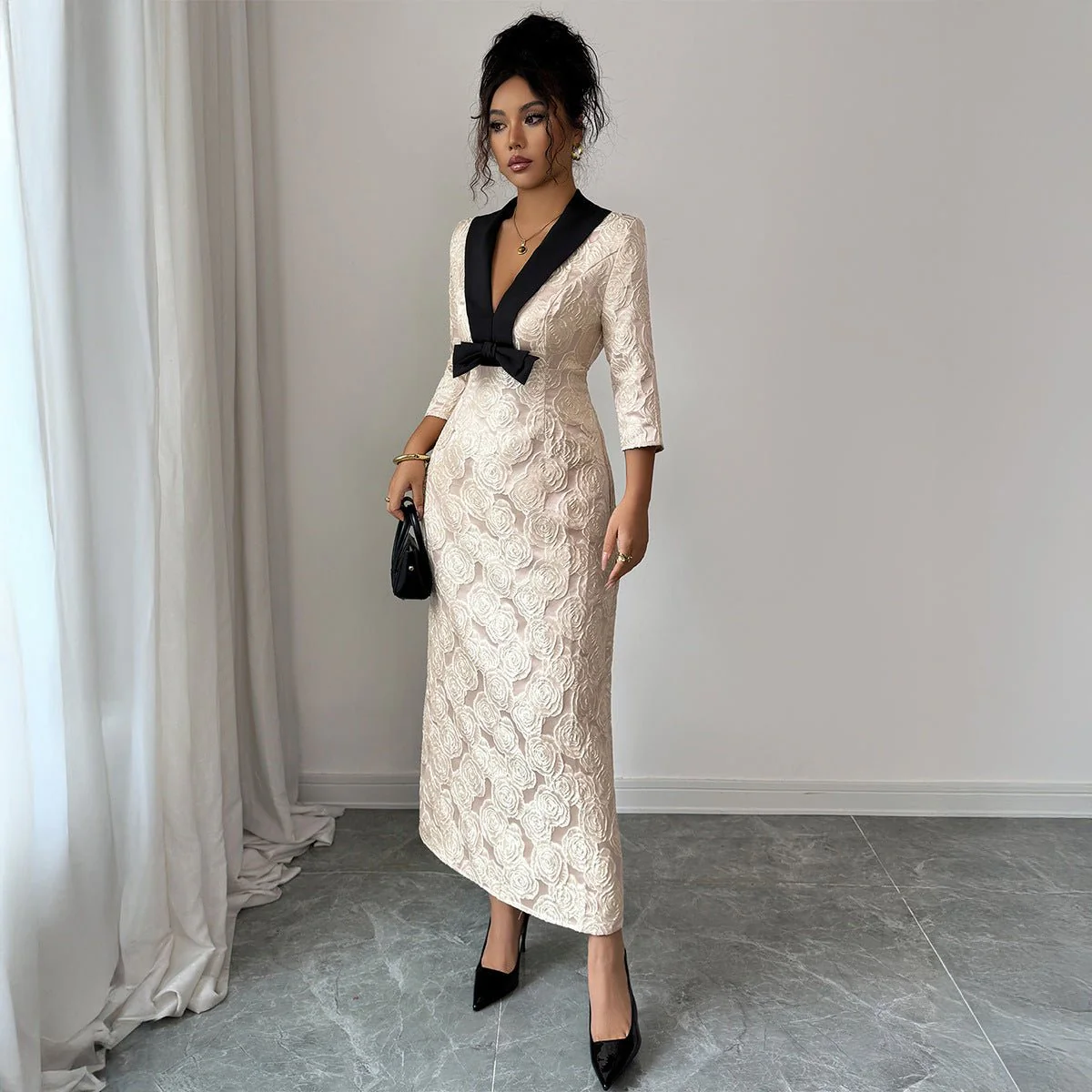 The Floral Whisper | Solid Color Deep V-Neck Floral Print A-Line Long Dress - Image 3