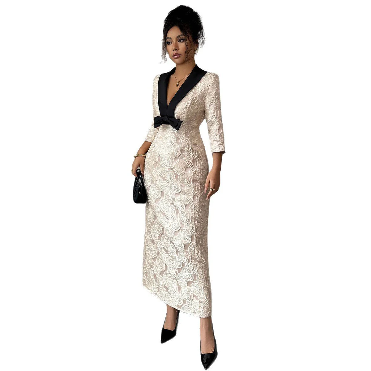 The Floral Whisper | Solid Color Deep V-Neck Floral Print A-Line Long Dress - Image 5