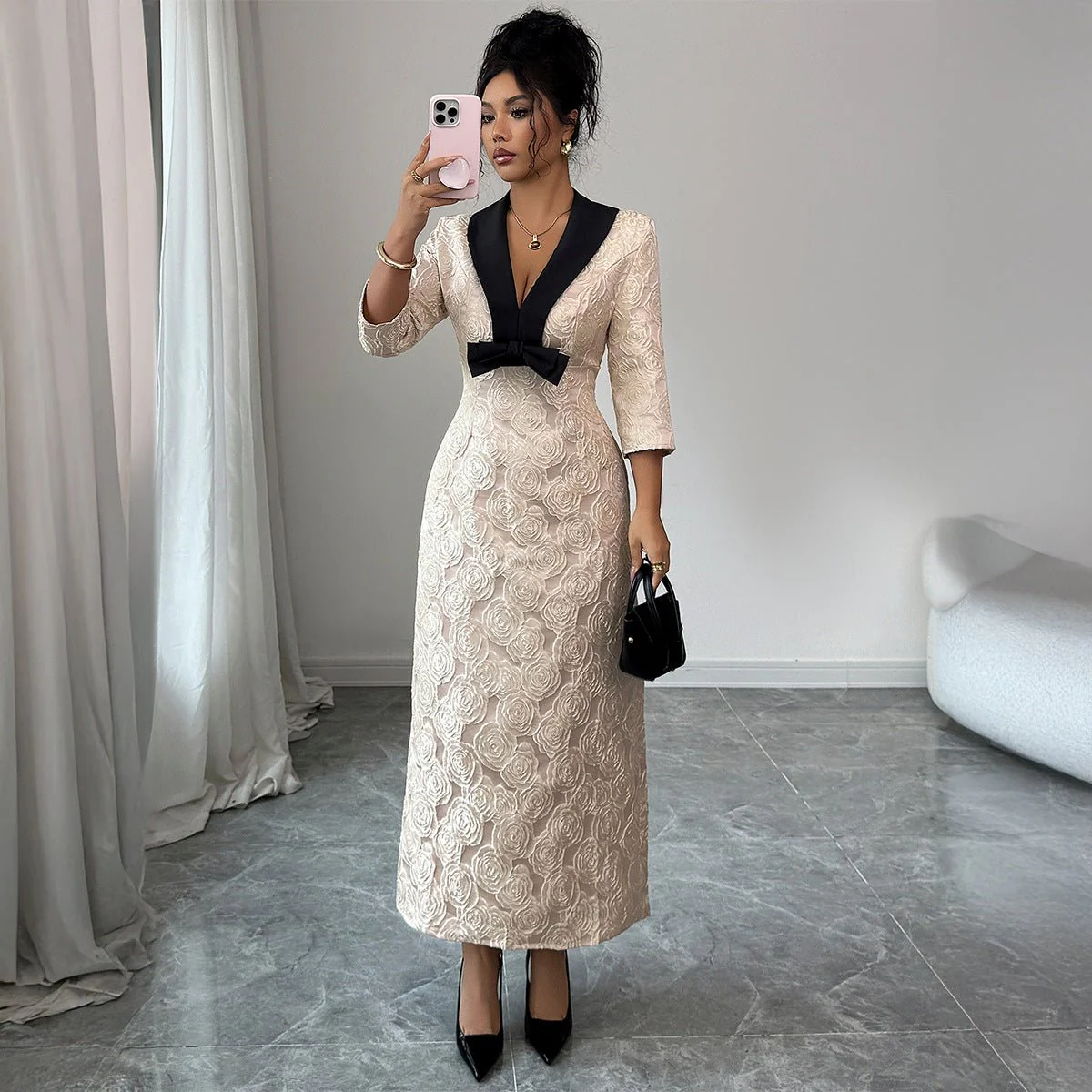 The Floral Whisper | Solid Color Deep V-Neck Floral Print A-Line Long Dress FD