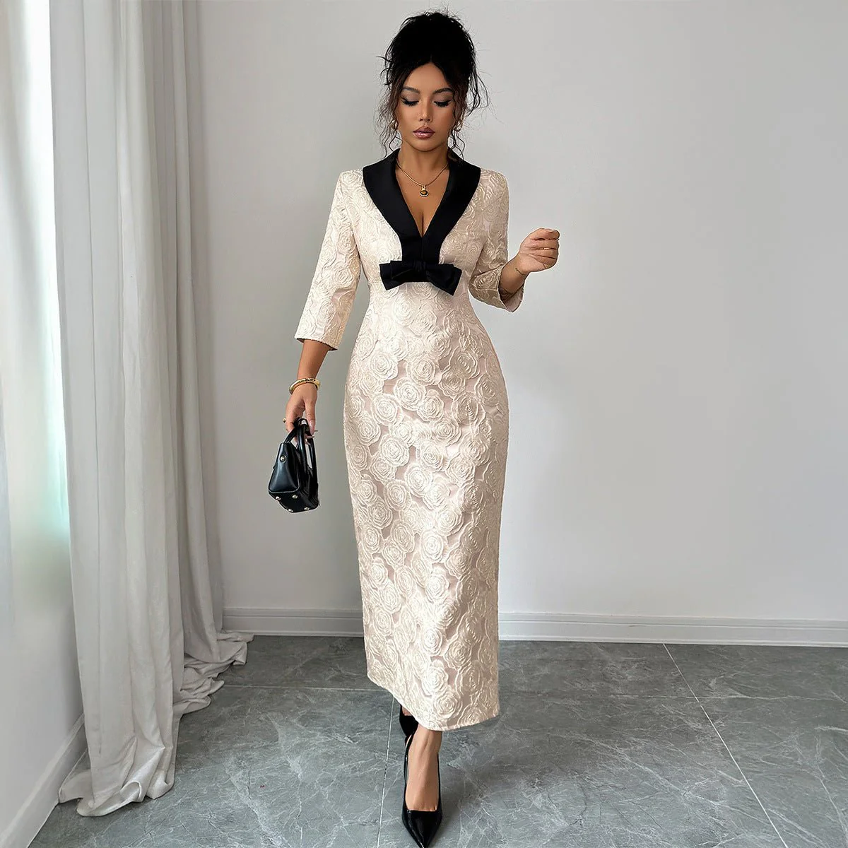 The Floral Whisper | Solid Color Deep V-Neck Floral Print A-Line Long Dress FD - Image 2