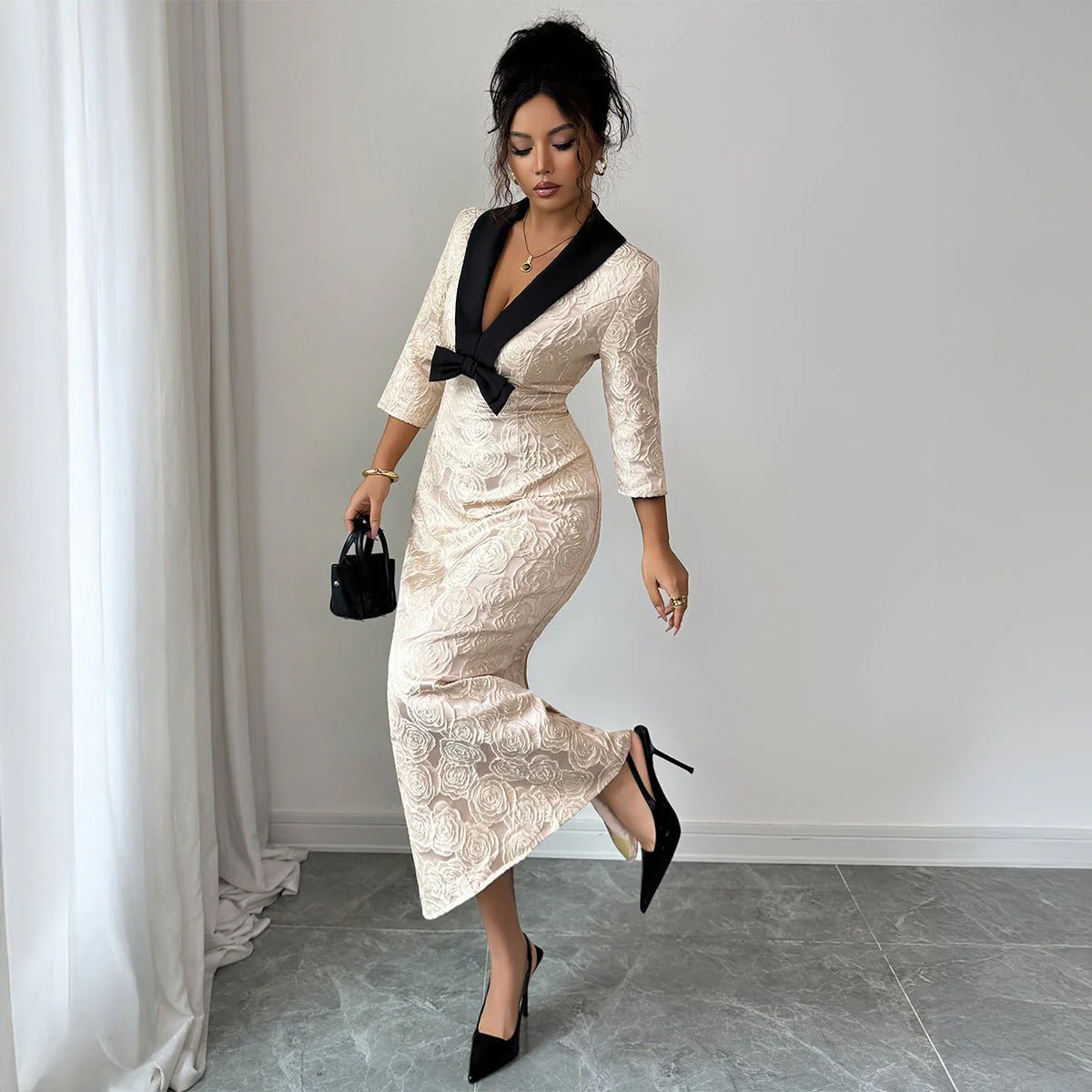 The Floral Whisper | Solid Color Deep V-Neck Floral Print A-Line Long Dress FD - Image 4