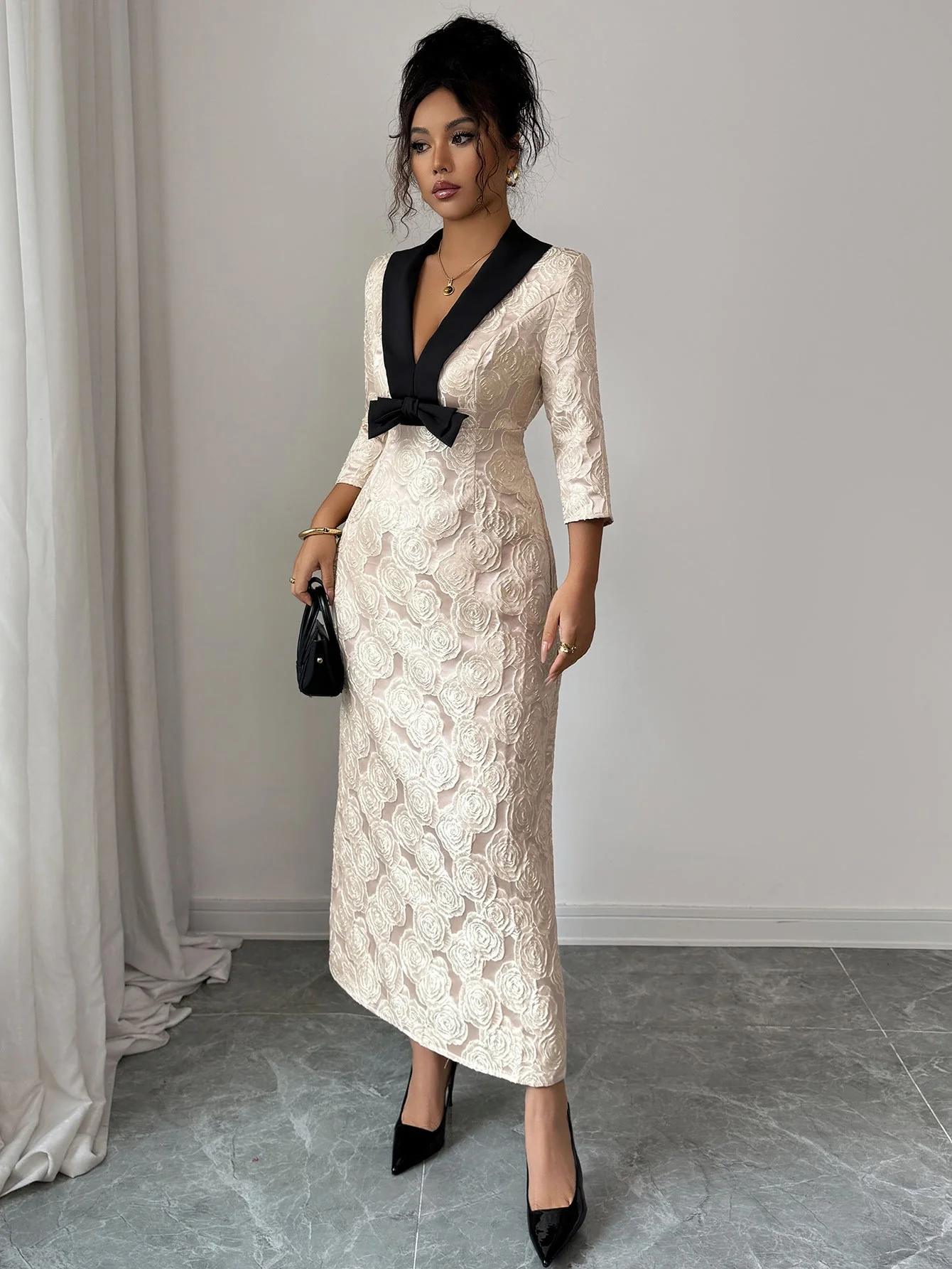 The Floral Whisper | Solid Color Deep V-Neck Floral Print A-Line Long Dress FD - Image 6
