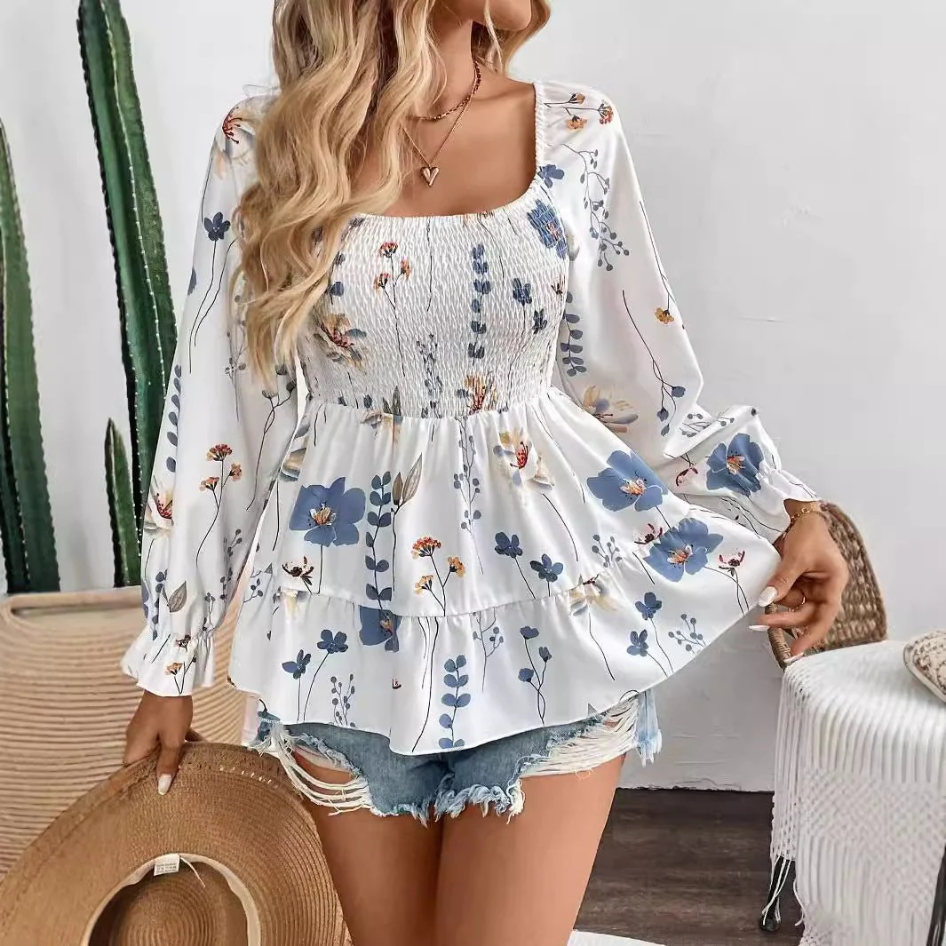 The Floral Whisper | Women's Floral Print Corset Lantern Sleeve Top