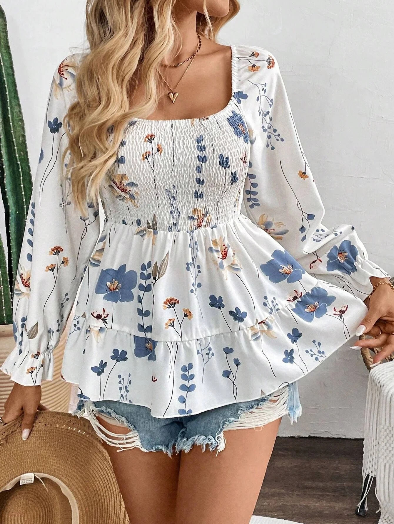 The Floral Whisper | Women's Floral Print Corset Lantern Sleeve Top - Image 6