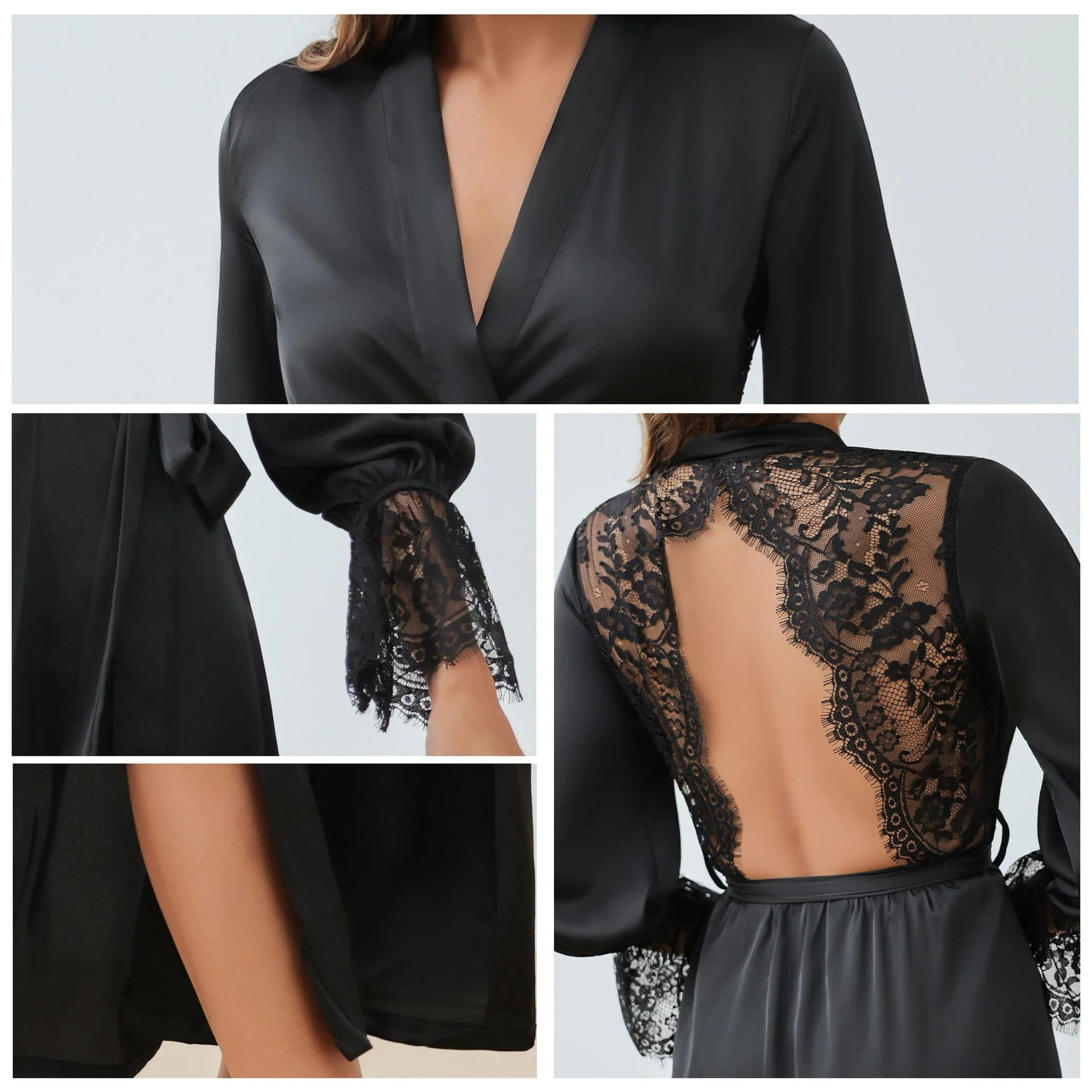 The French Lace | Solid Color Backless Satin Long-Sleeve Romper Sleepwear - Image 3