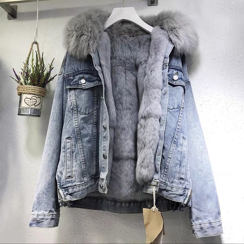 The Fur Accent Denim | Women's Big Fur Collar Loose Short Denim Jacket