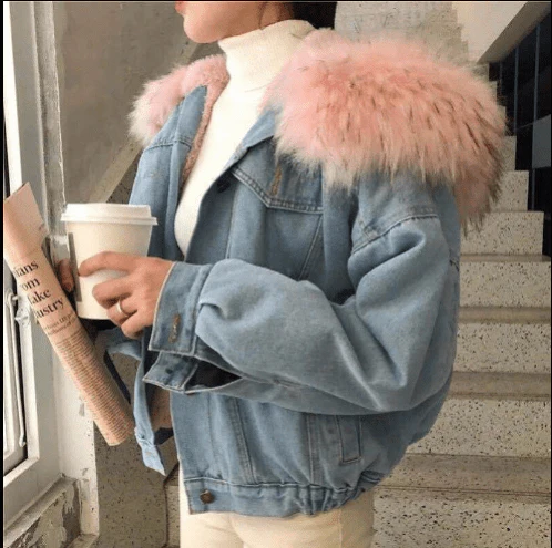 The Fur Accent Denim | Women's Big Fur Collar Loose Short Denim Jacket - Image 13