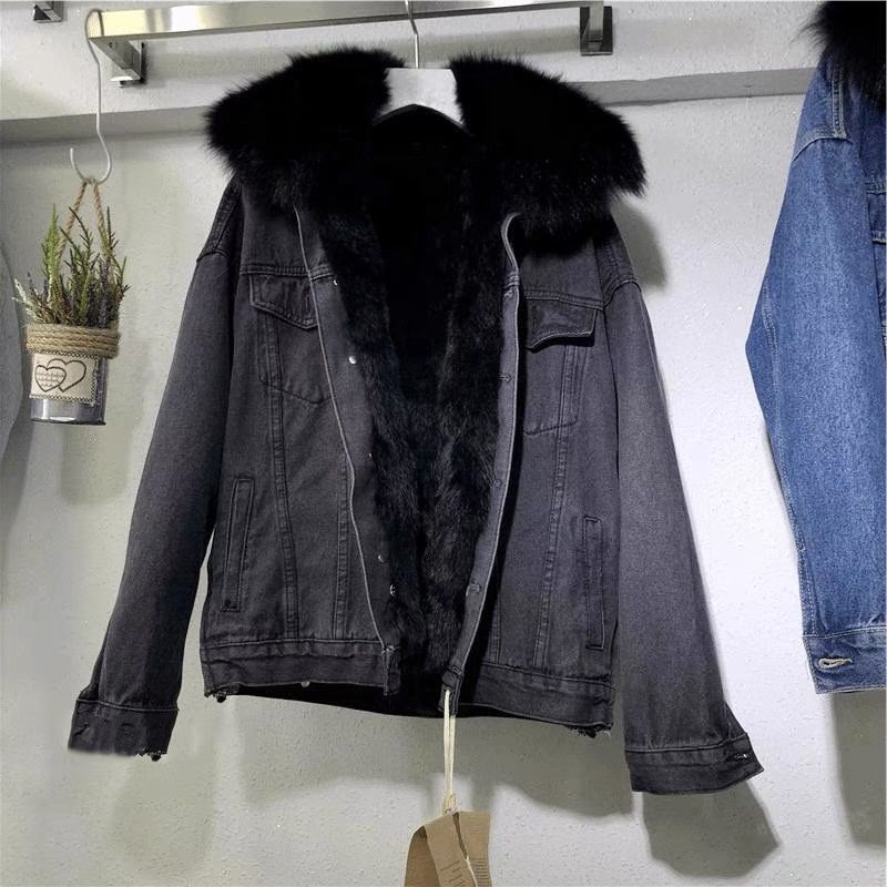 The Fur Accent Denim | Women's Big Fur Collar Loose Short Denim Jacket - Image 4