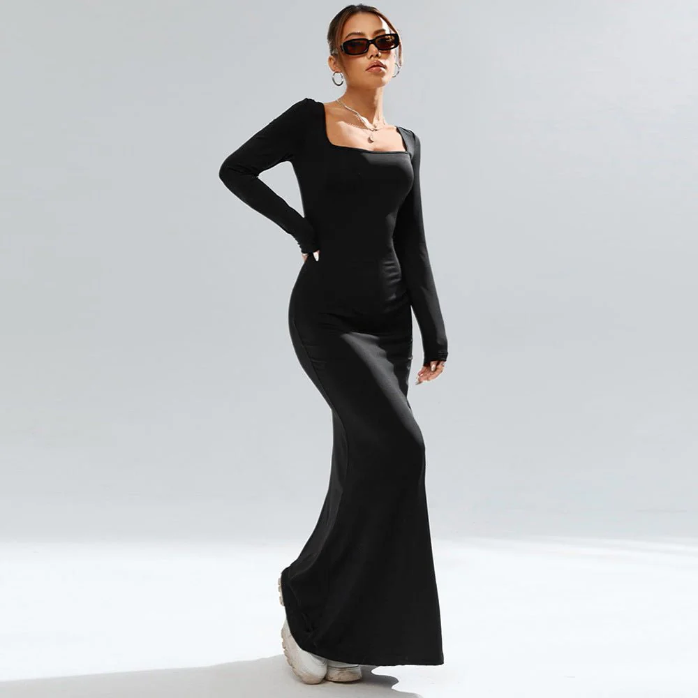 The Glamour Curve | Black Square-Neck Fishtail Bodycon Maxi Dress - Image 10