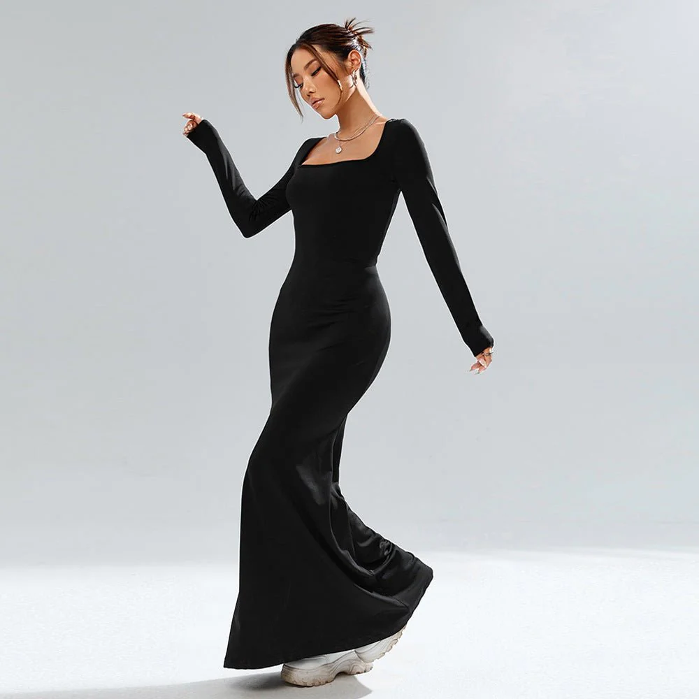 The Glamour Curve | Black Square-Neck Fishtail Bodycon Maxi Dress - Image 11